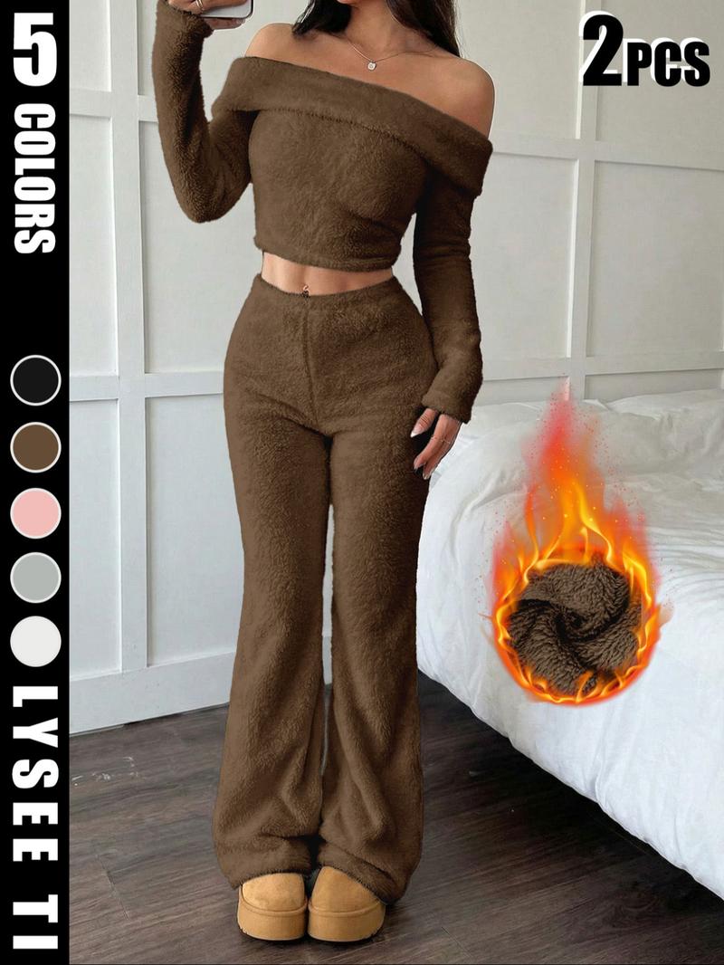 Autumn and winter women's soft plush suit, one shoulder short top+pants, milky white to show off temperament, suitable for both home and outdoor activities, lazy yet fashionable