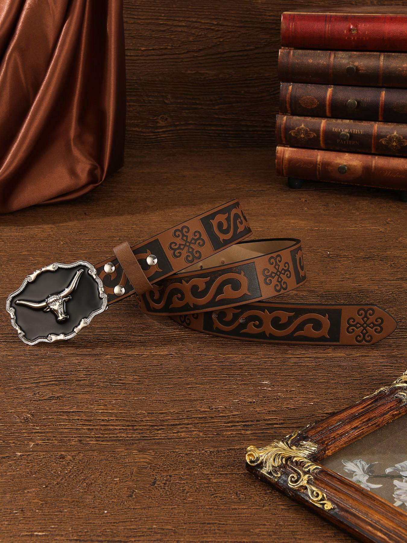 Boho Style Vintage Western Belt, Fashionable Ethnic Pattern Embossed Belt Buckle for Women & Men, Trendy All-match & Exquisite Belt for Birthday Gift