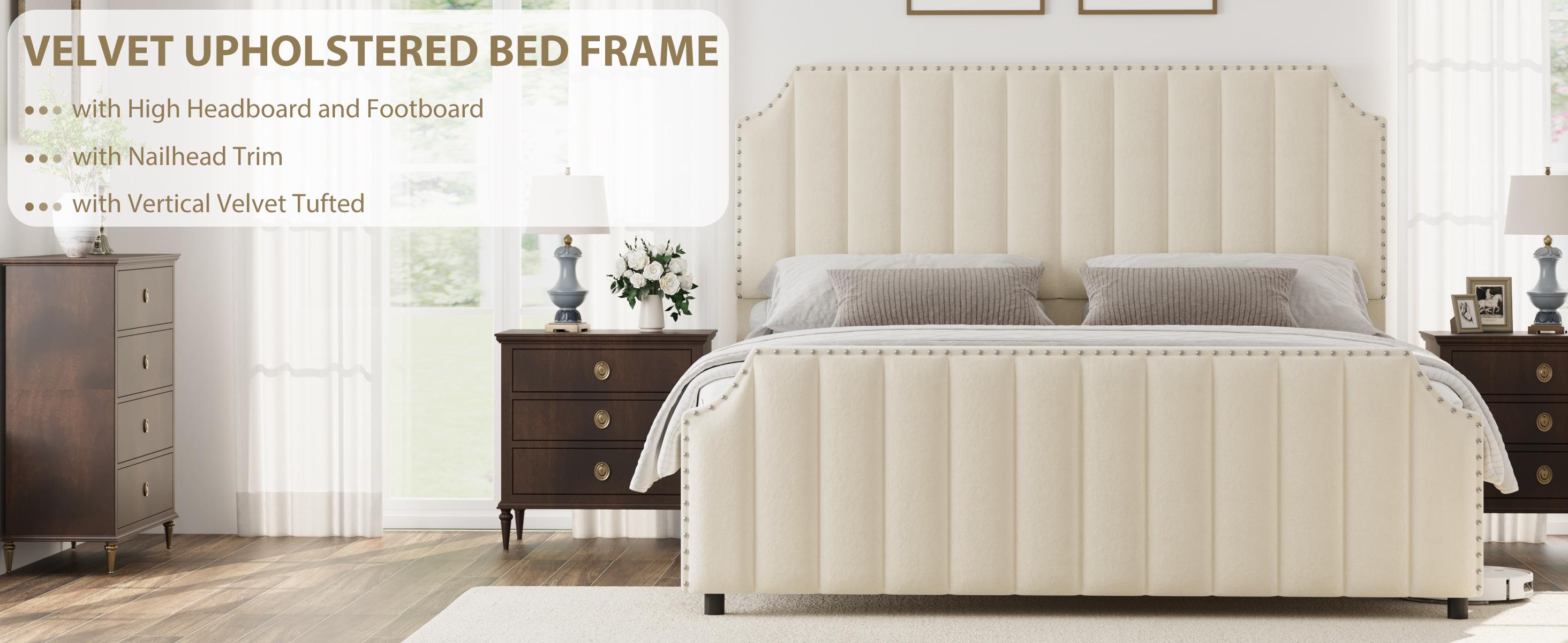 Queen Size Platform Bed Frame with 50.2" Headboard, Velvet Upholstered Bed Frame Queen with Vertical Channel Tufted Headboard & Footboard, Nailhead Trim, No Box Spring Needed, Cream