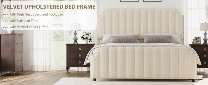 Queen Size Platform Bed Frame with 50.2" Headboard, Velvet Upholstered Bed Frame Queen with Vertical Channel Tufted Headboard & Footboard, Nailhead Trim, No Box Spring Needed, Cream