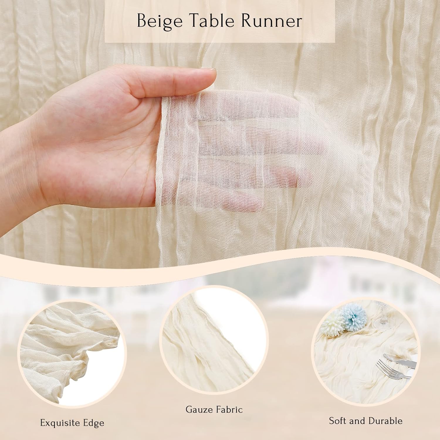 Beige Cheesecloth Table Runner 10FT Summer Boho Gauze Runner Fabric for Wedding Reception Party Decor Bridal Shower Bulk Table Decorations