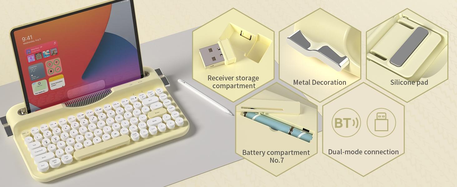 AF84 membrane keyboard wireless dual-mode 2.4G+Bluetooth AJAZZ office keyboard dual color circular keycap retro typewriter keyboard with grooves for placing mobile phones and tablets, high-value girl gift, self provided AAA battery * 2