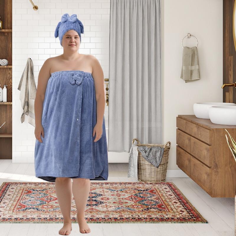 Bath Skirt & Shower Cap Set, 2 Counts/set Soft Comfortable Bath Skirt & Shower Cap, Bathroom Reusable Polyester Towel Set, Essential Bath Accessories for Home and Travel