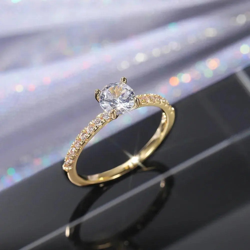 Huitan Women's Luxury Brass Base Thin Band Engagement Ring - Round Brilliant Zirconia, Luxury Look Costume Jewelry, Size-Adjustable, Sweat-Resistant, Drop Ship