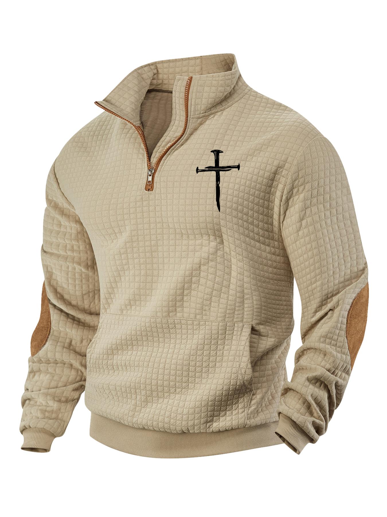 Men's cross-print plain color waffle weave hoodie, long-sleeve stand-up collar pullover, Jesus cross print, quarter z design, winter hoodie, daily holiday wear, street style casual outfit, suitable for spring, autumn and winter seasons.