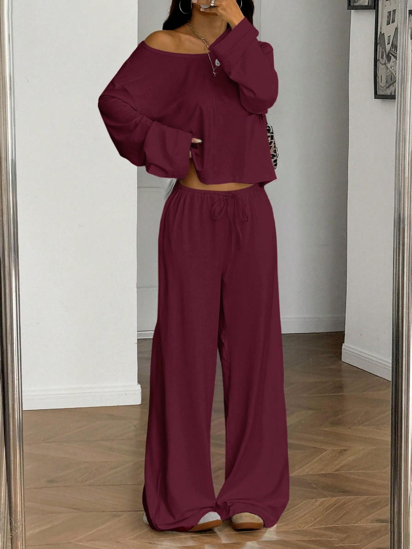 French Minimal Chic Cold Shoulder Cutout Two Piece Set, Summer Casual Loose Cropped Top & High Waist Adjustable Drawstring Trousers, Figure-Flattering Loungewear