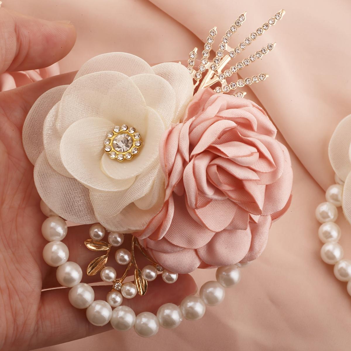 6pcs Romantic Pink Flower with Milk Gauze Rose Bridesmaid Wrist Flower Handmade Golden Leaf Rhinestone Wedding Party Evening Prom Season Valentine'S Day Elastic Pearl Wrist Flower Additions Corsage For Prom