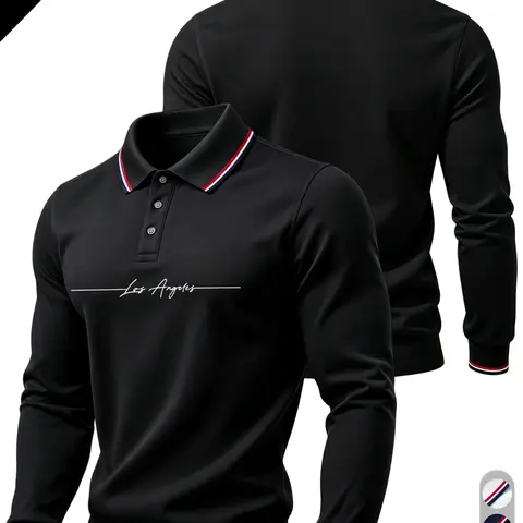 Men's Letter Los Angeles Print Long Sleeve Polo Shirt, Loose Fit, Breathable Fabric, Casual Style, Spring & Fall Wear, Breathable Polo Shirts