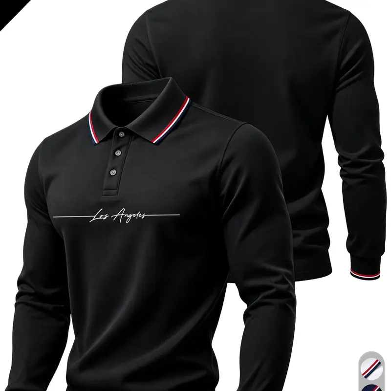 Men's Letter Los Angeles Print Long Sleeve Polo Shirt, Loose Fit, Breathable Fabric, Casual Style, Spring & Fall Wear, Breathable Polo Shirts