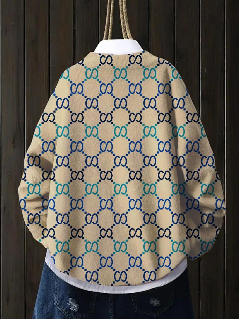 Women's Gradient Geometric Print Stand Collar Sweater, Fall Winter Casual Long Sleeve Knitwear, Comfortable Warm Daily Wear