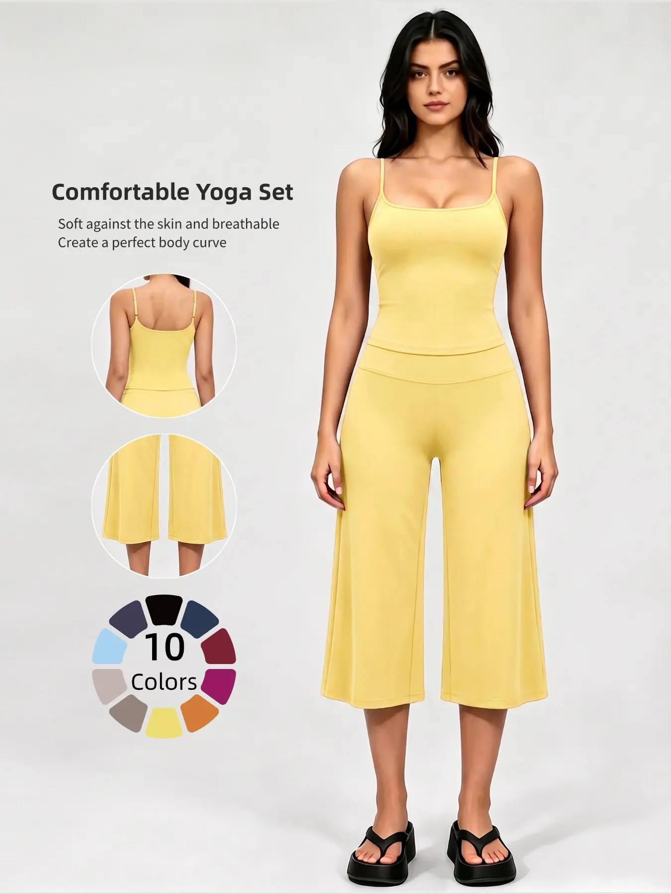 Adjustable Strap Top and High-Waist Wide-Leg Pants Set, Athleisure Summer Clothes, Soft Stretch Fabric, Sporty Style, Quick Dry, Suitable for Spring Summer Fall