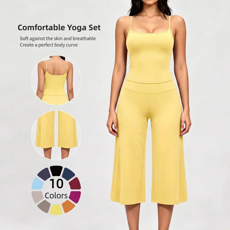 Adjustable Strap Top and High-Waist Wide-Leg Pants Set, Athleisure Summer Fitness Outfit, Soft Stretch Fabric, Sporty Style, Quick Dry, Suitable for Spring Summer Fall