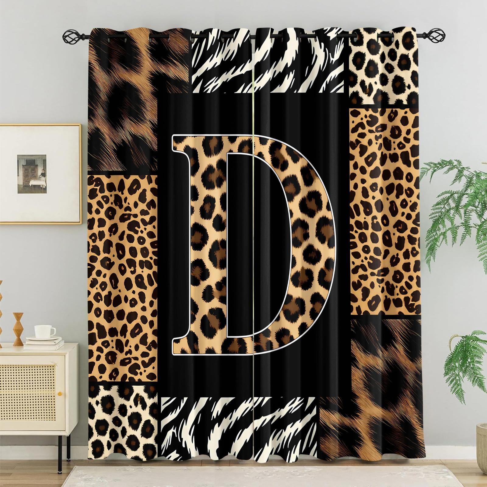 2 Panels 26 Letters Leopard Print Curtains, 80%-90% Light Blocking Curtains, Alphabet Printed Curtains, Stylish Decor Curtains for Bedroom Living Room, Wild Style Window Drapes, Ideal Gift