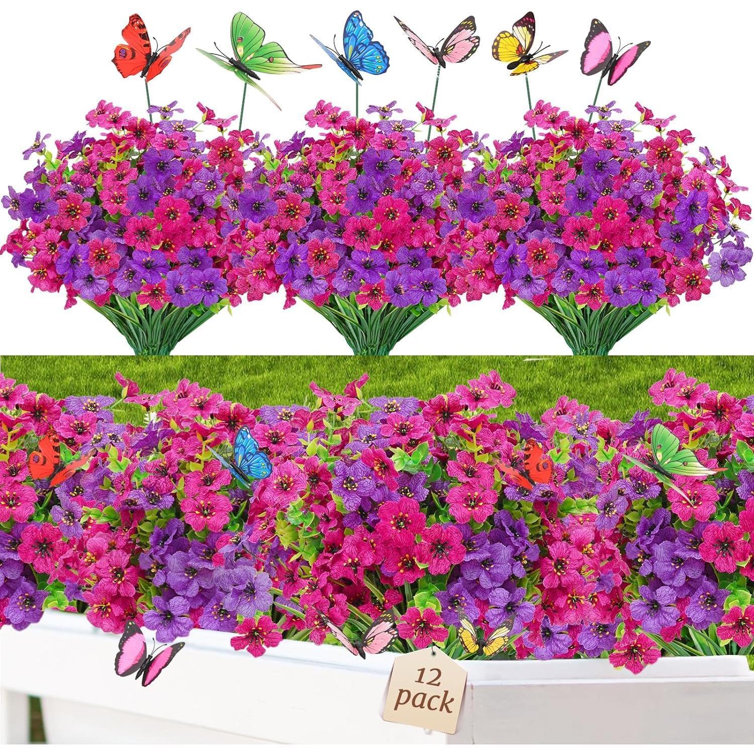 12 Bundles Artificial Flowers for Outdoors, UV Resistant Fake Outdoor Flowers No Fade Faux Outdoor Flowers Plants for Garden Porch Window Box Pot Planters Decor (Fuchsia+Rose Red) Decoration Items Decorations Supplies