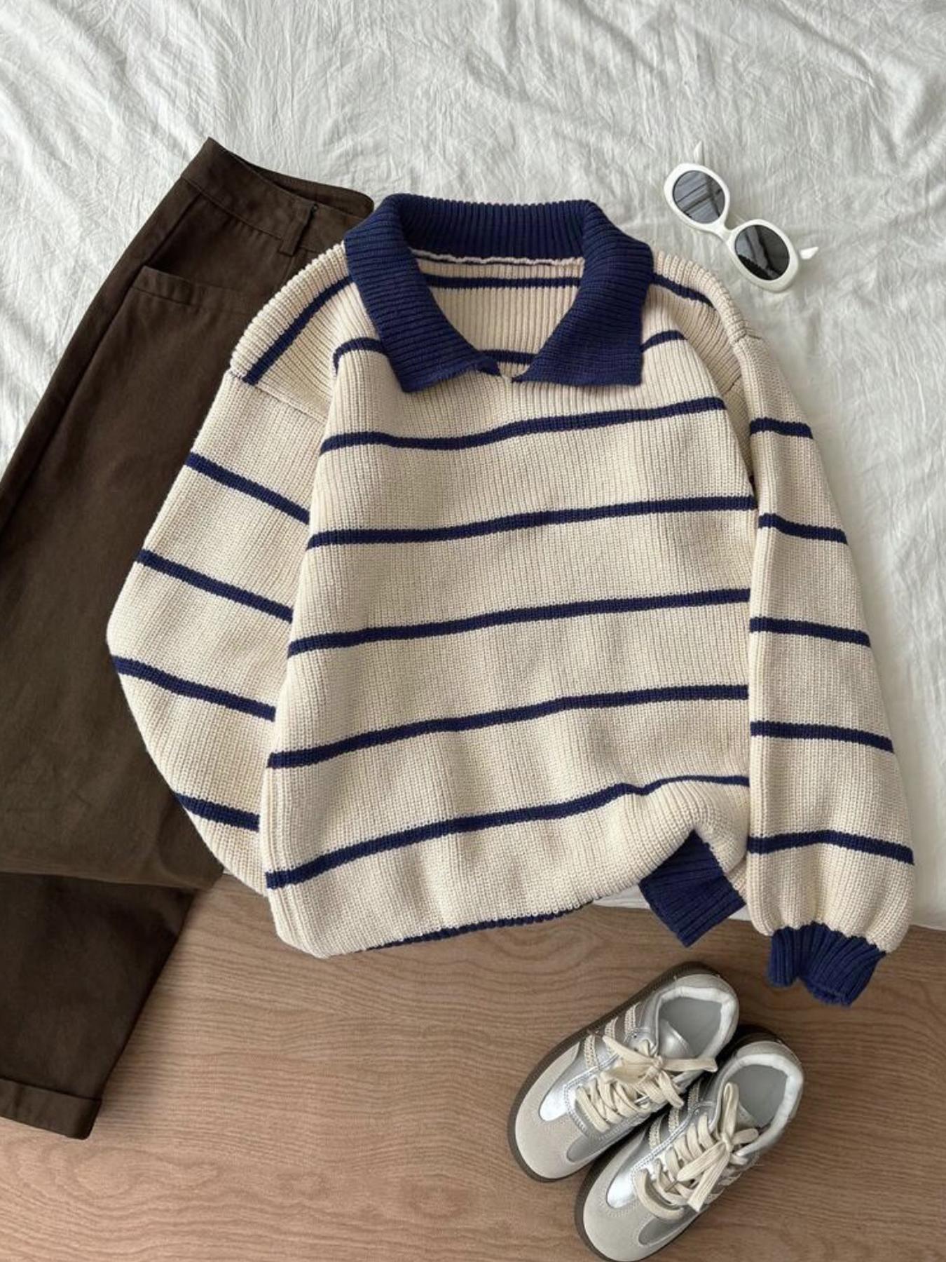 Autumn Winter Striped Polo Neck Long Sleeve Pullover Sweater, Fashionable Lazy Casual Loose Fit Knitwear, Versatile Style, Womenswear