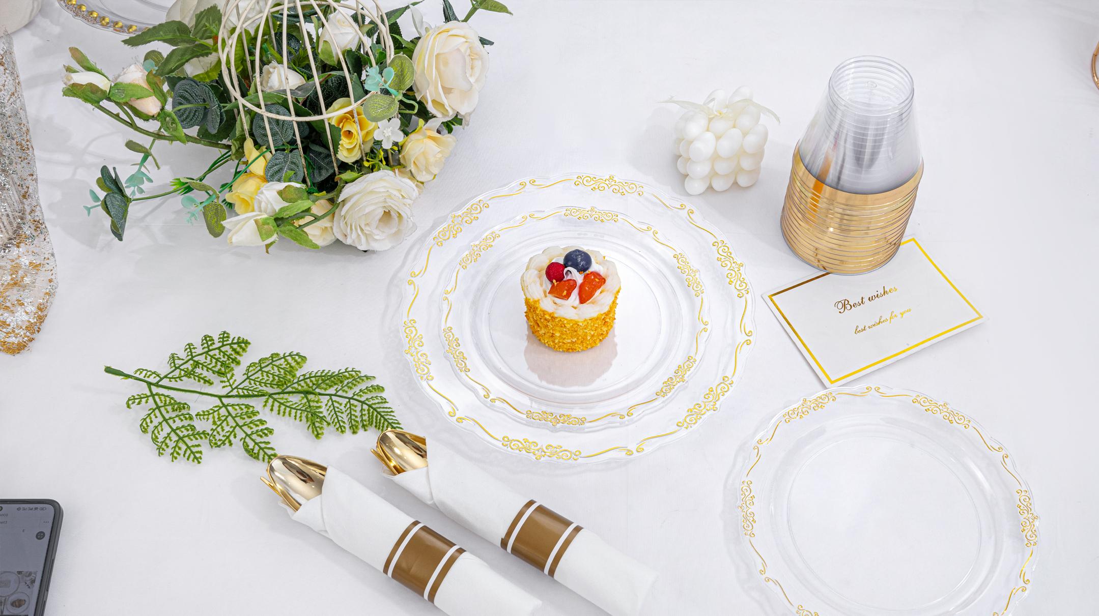 White Gold/Clear Gold/White Silver/Black Gold Plates ware Set: Dinner Plates,Dessert Plates, Cups,Napkins,Knife, forks, spoons-Perfect for Party