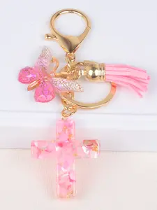 Resin Cross Keychain Charm, Trendy Cute Keychain, Stylish Keychain, Shell Stone Car Bag Decoration, Butterfly Fringe Pendant, Unisex Gift Accessory, Cute Style