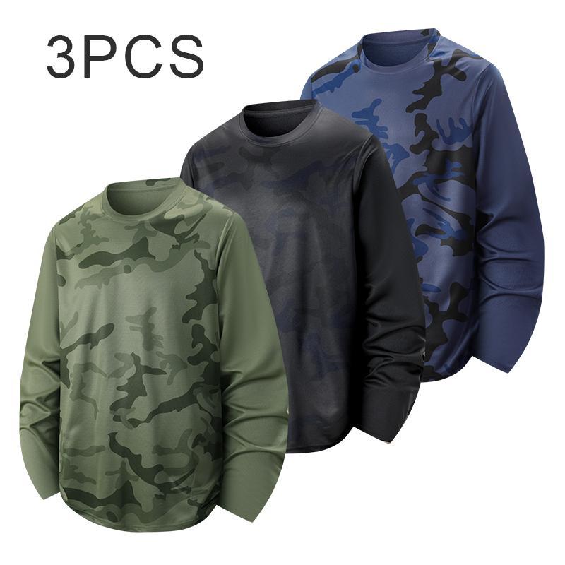 Men’s 3-pack training T-shirts, loose fit camouflage crew neck tops made from lightweight, quick-drying polyester fabric for outdoor activities, suitable for sports and everyday wear.