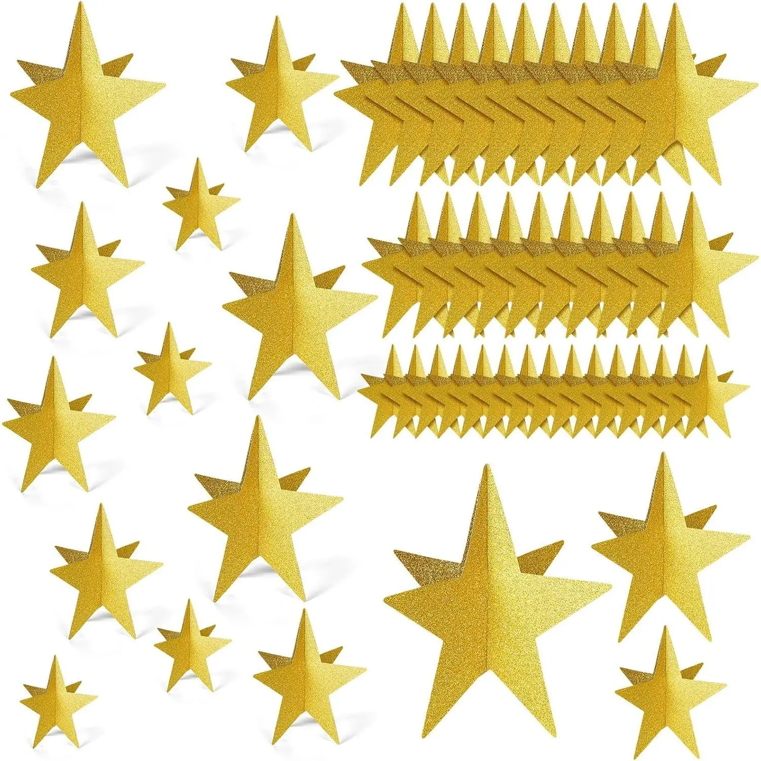 45 Pcs 3D Glitter Star Decorations Graduation Gold Centerpiece 3 Sizes Standing Hanging Back to School Work Star Decor for End of Year School Centerpiece Starry Movie Themed Night Party Decor