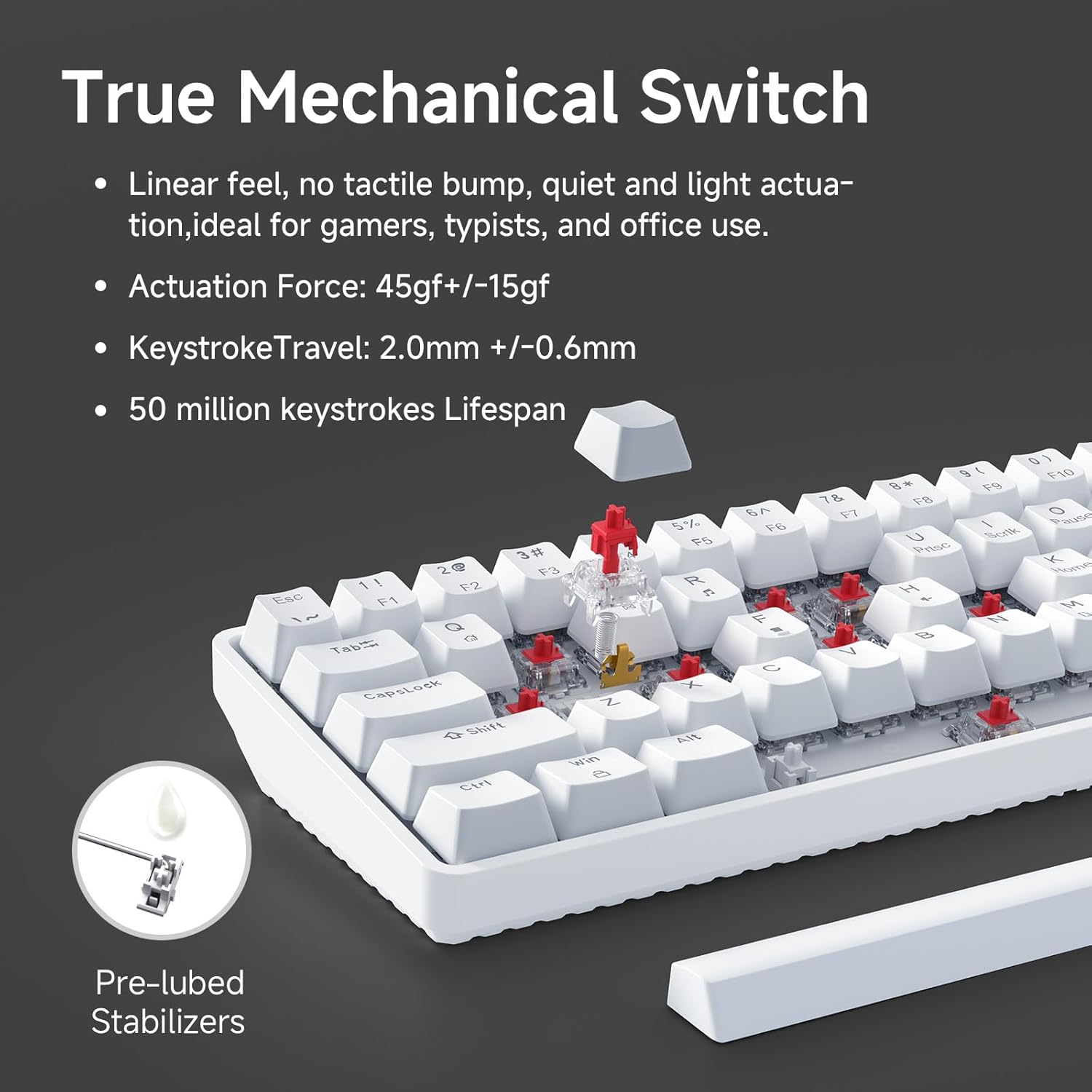 60%  Gaming , Red Linear , LED Backlight, Anti-Ghosting, Detachable USB-C, Double-Shot Keycaps, 61 , Wired, White