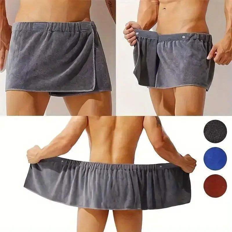 Men's Velvet Wearable Bath Towel Wrap - Adjustable Elastic Waist, Snap Closure, Quick Drying for Showering, Gym Use, Gift (Grey, Blue, Brown)