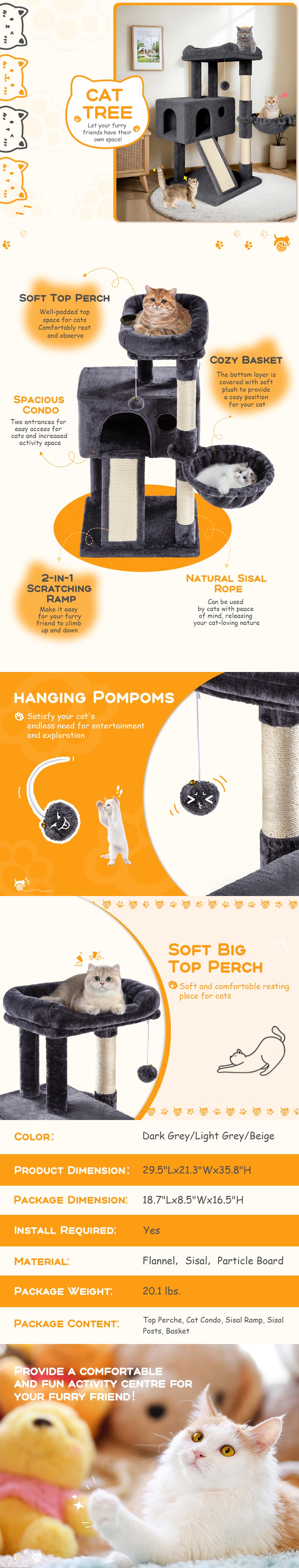 HOOMIC 36 Inches Cat Tree, Multi-Level Condo with Sisal Posts & Cozy Hammock, Padded Plush Perch, Available in Beige, Dark Grey, Light Grey , Perfect for Indoor Cats & Kittens #TikTokShopfalldealsforyou