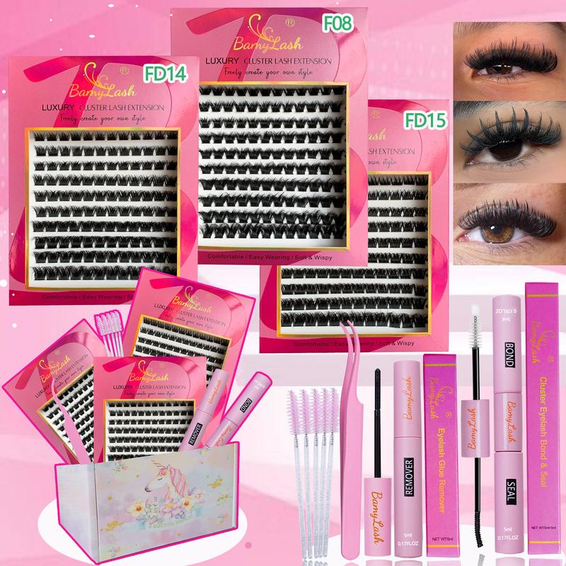 3-Box 3D Wispy Individual Cluster Lash Set, Individual Lash Extensions - Ultra-Thick Volume, Curly Mixed Lengths - DIY Lash Extension Kit with Lash Bond, Seal, Remover, Applicator & Lash Brush - Everyday Eye Makeup, Gifts for Friends