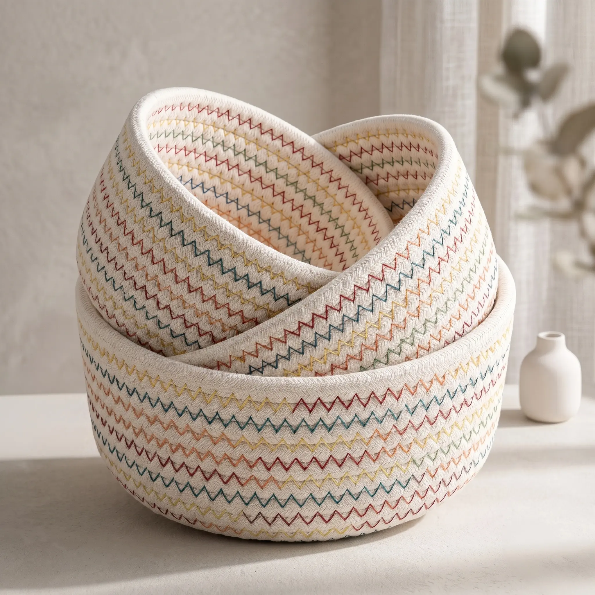 Cotton Rope Round Organizer Basket - 3 Sizes Small/Medium/Large, Lightweight Eco-Friendly Storage Basket for Desk, Remote Controls, Cosmetics, Cables, Modern Minimal Open-Top Round Shape