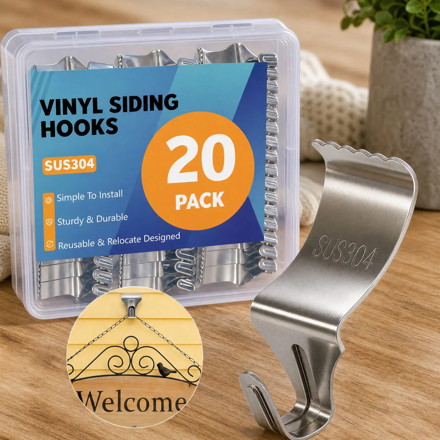 20 Pack Heavy Duty Stainless Steel Vinyl Siding Hooks, No-Hole Clips for Outdoor & Festive DecorationGift