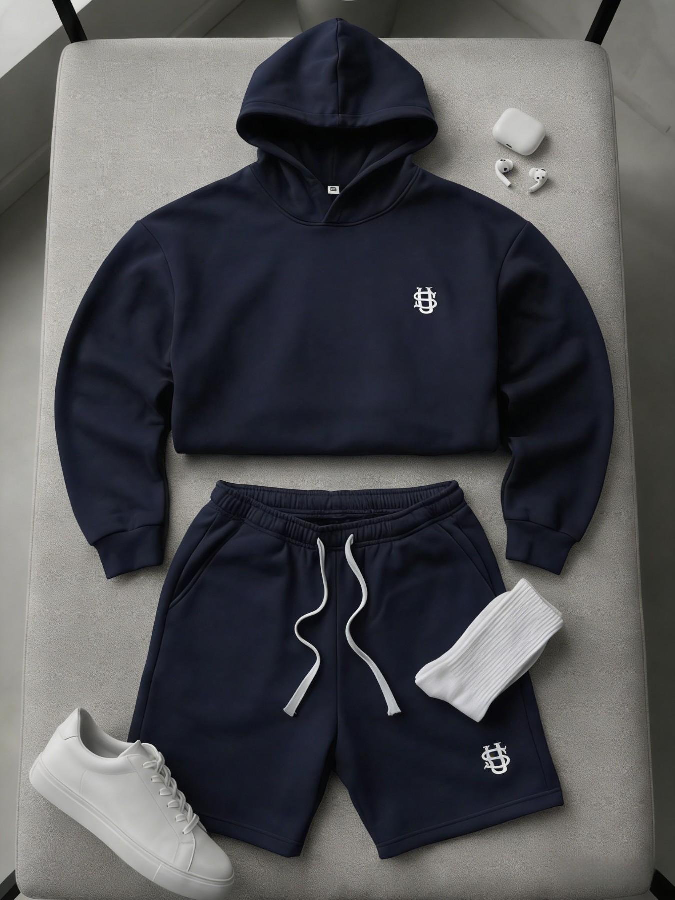 Men's High Street Long Sleeve Hoodie Set with Drawstring Shorts, Casual Lazy Style Two-Piece, Comfortable and Stylish Clothing Outfit Sets