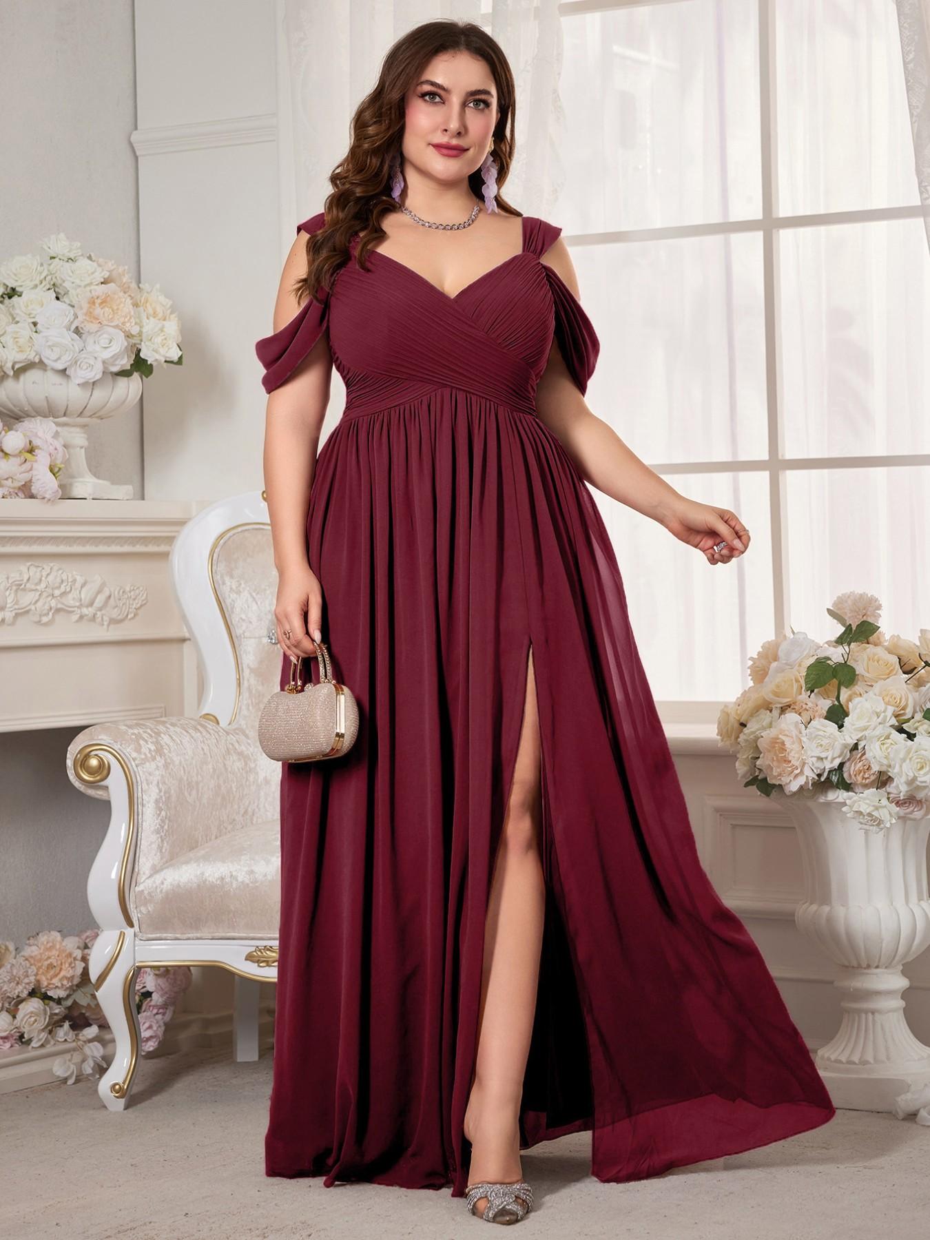 Plus Size Women's V-Neck Backless Waist Cinch Pleated High Split Skirt Maxi Dress, Elegant Chic Lightweight Chiffon Bridesmaid Party Formal Evening Gown, Pleated Dresses