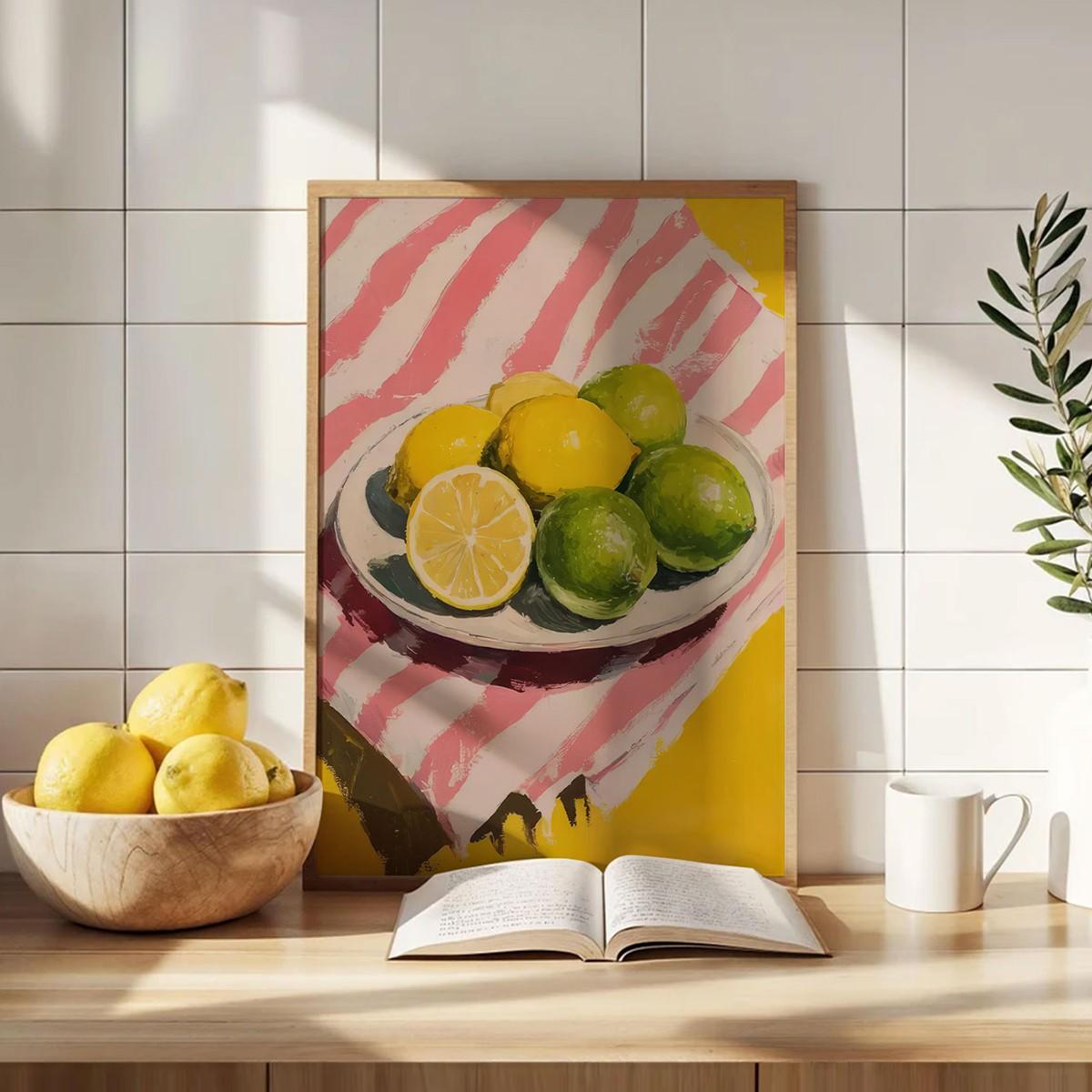 Vibrant Lemon Striped Art Print, Danish Soft Canvas Poster, Modern Wall Decor for Kitchen Living Room Bedroom, Unframed