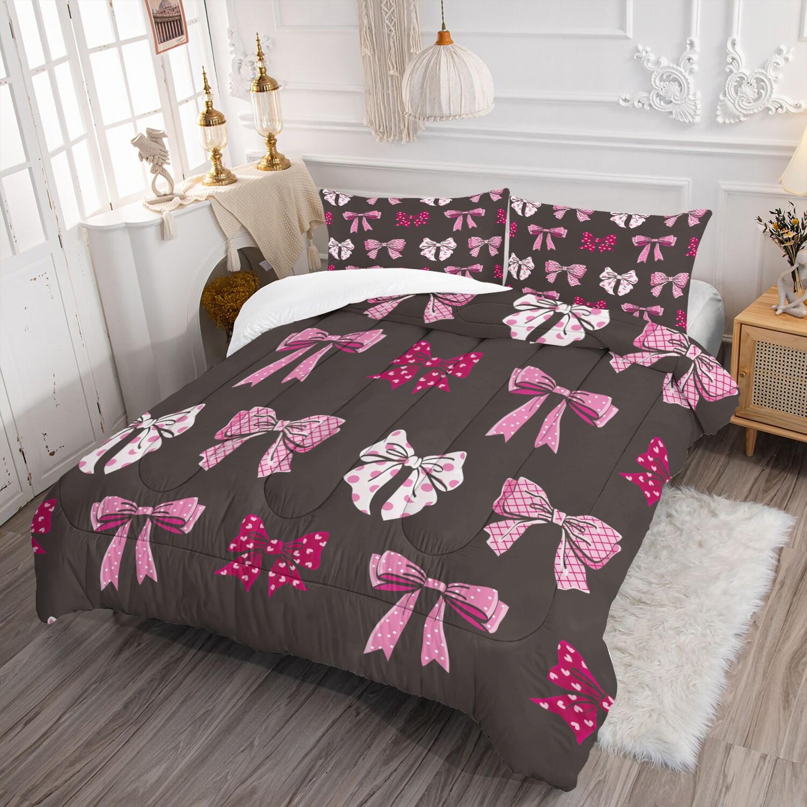 2/3 Pcs Coquette Pink Bow Print Comforter Set, Cute Y2K Aesthetic Bedding Set, Soft Warm Breathable & Fade Resistant Digital Print, Ideal for Girls Bedroom Dorm Guest Room Decor, All Season Use - Without Pillow Insert