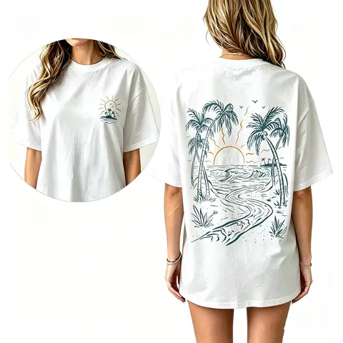Women's Vintage Coconut Tree Print T-Shirt - Lady's Chic Basics, Round Neck, Short Sleeves, Breathable Cotton Fabric, Streetwear Cute Top, Sports Outdoor Casual Summer Shirts for Women
