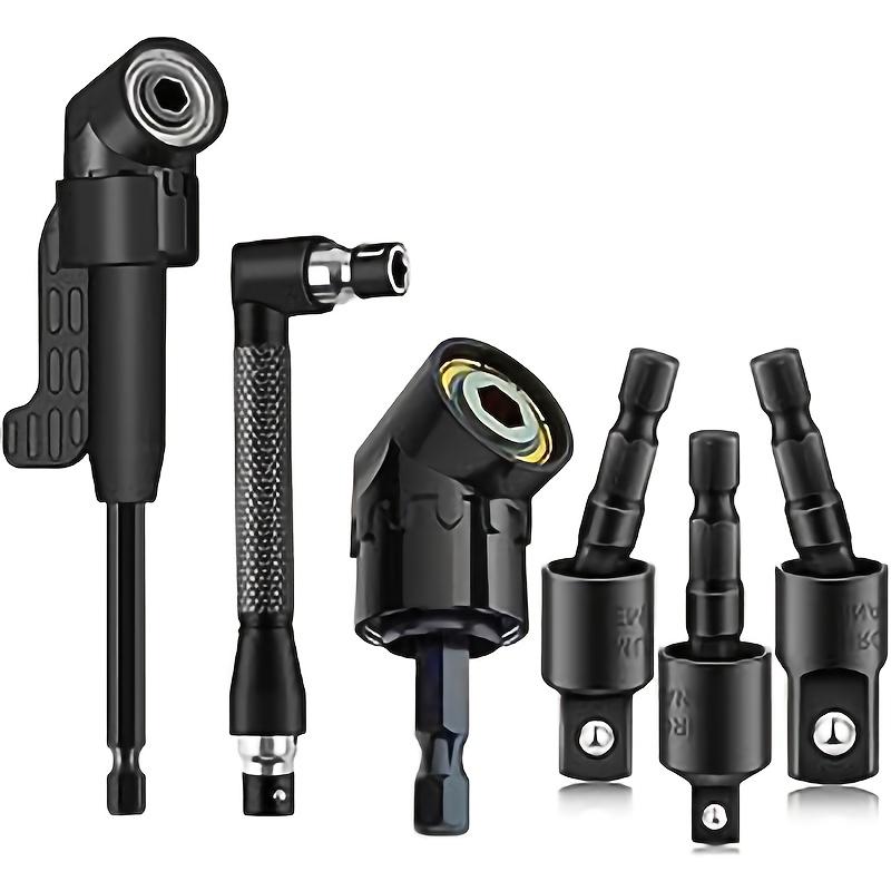 Six right-angle drill bit accessory sets, including three 360 rotatable 1/4, 3/8 and 1/2 inch impact-grade sleeve adapters, two 105 hexagonal shank angle drill bit adapters and 90 bevel drill bits Drill Attachment