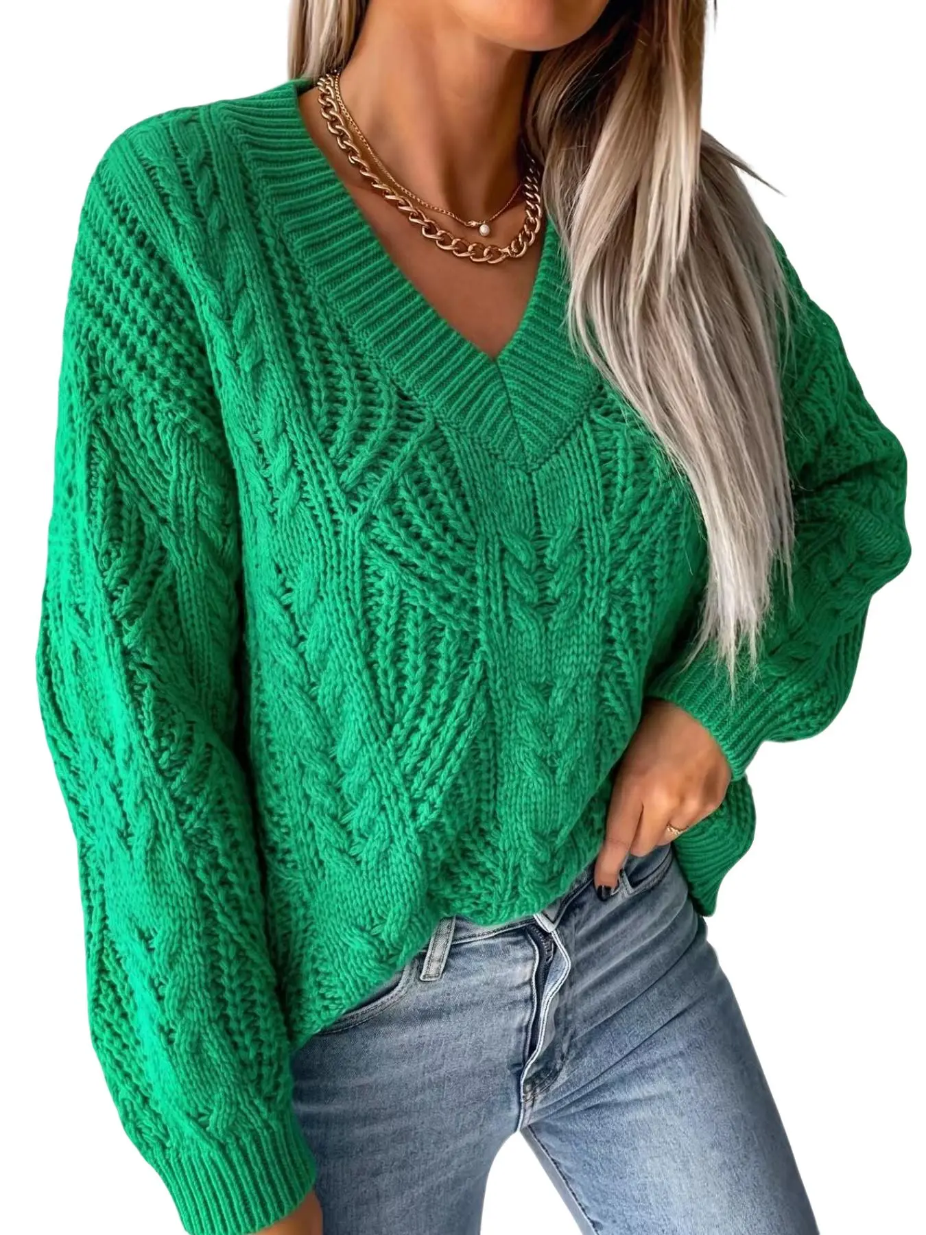 Women Green V‑Neck Cable Knit Sweater, Casual Oversized Long Sleeve Pullover Jumper, Fall Winter Loose Fit Knit Top for Daily Wear
