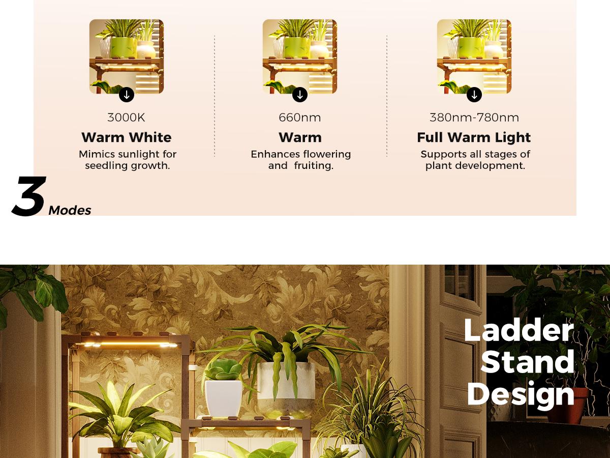 Bamworld Plant Stand with Grow Light Plant Shelf for Mutiple Pots 3 Tiers Ladder Plant Holder for Living Room Patio Boho Home Decor for Gardening Warm Light Led