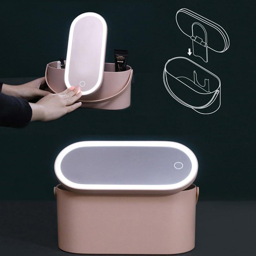 Cosmetic Organizer Box with LED Makeup Mirror, Portable Travel Light-Up Mirror, Multi-Functional Mobile Makeup Station