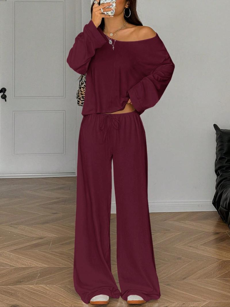 Women's 2-Piece Sleepwear Set, Elegant Solid Color Loose-Fit Long Sleeve Thermal Top and Pants, Pajama Set for Autumn and Winter