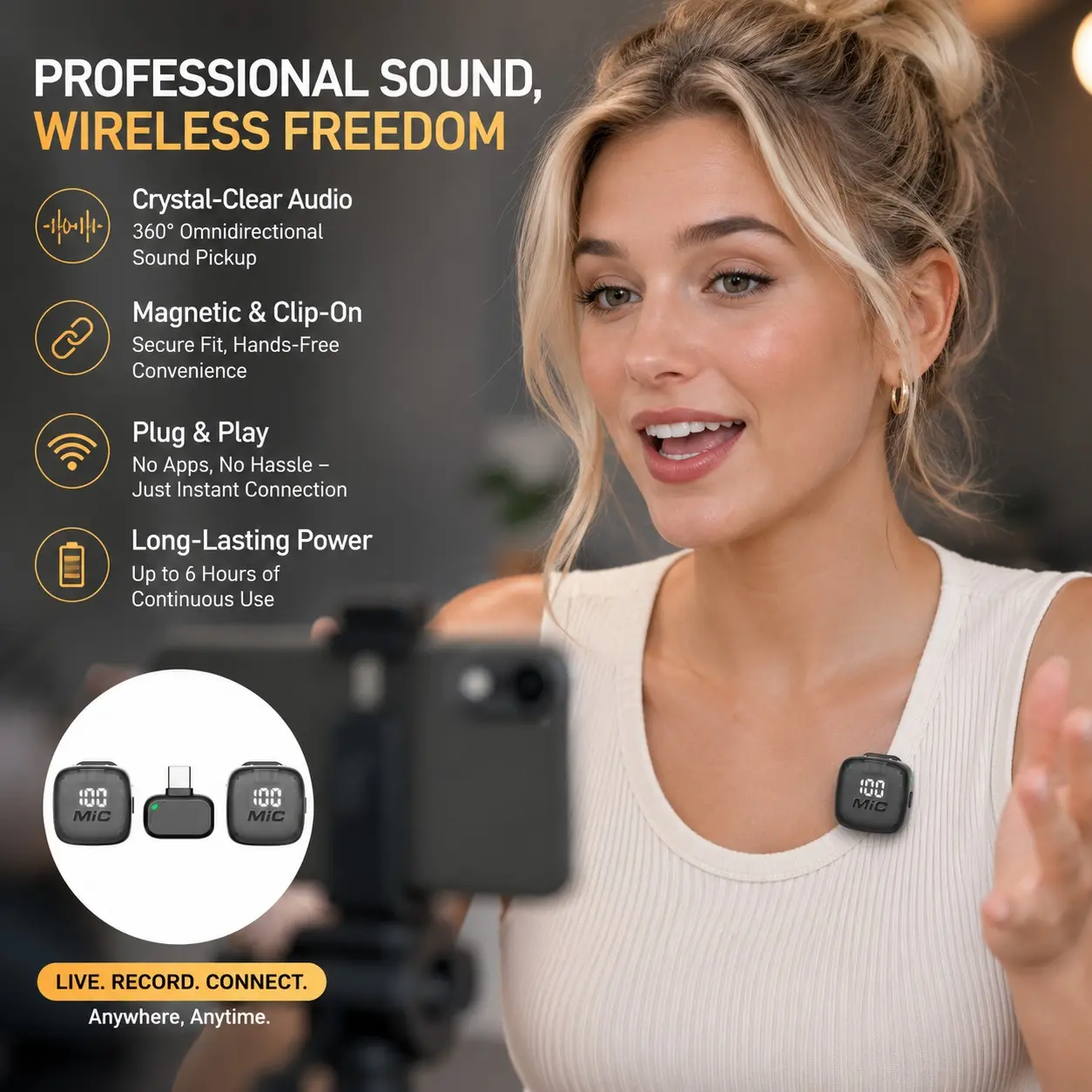 Senmu Mic3 Wireless Lapel Microphone, Magnetic Outdoor Video Live Streaming Interview Mini Mic, Mobile Digital Accessories