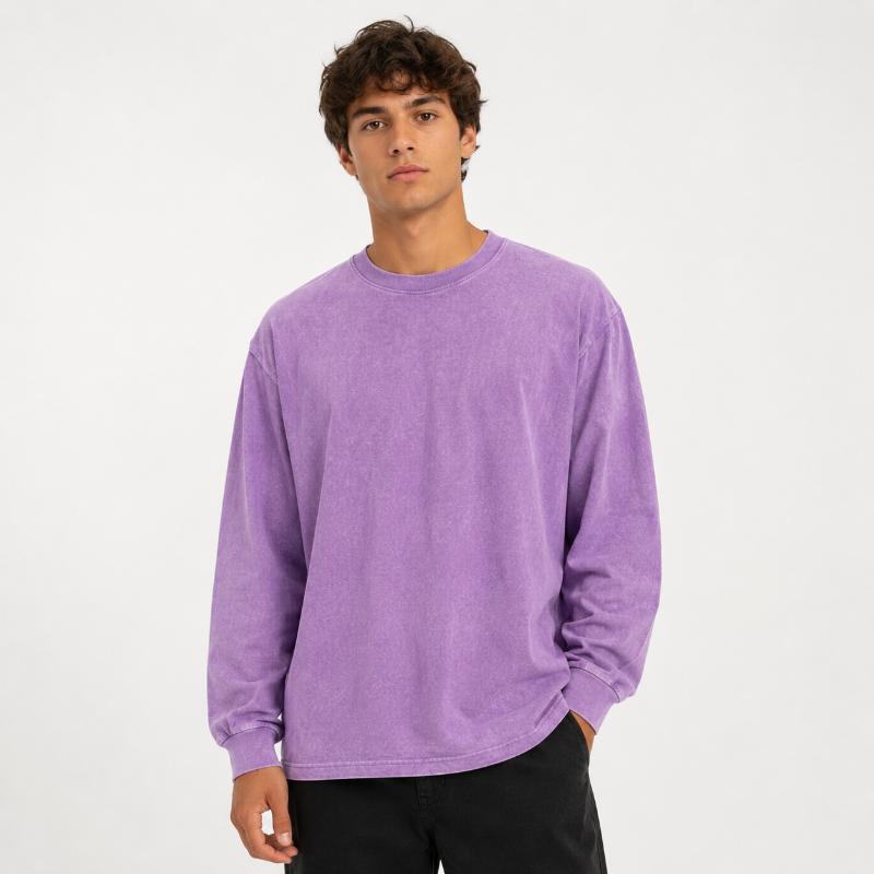 Men's Long Sleeve Crew Neck T Shirts 1/4 Pack, Vintage Washed Casual Tops, Pure Cotton Basic Shirts, Distressed Retro Style Tees, Loose Fit Pullover Clothing, Daily Wear Essential, Streetwear Inspired Fashion Outfit