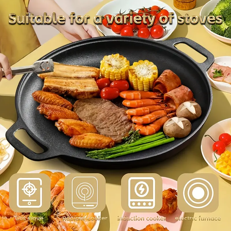 Cast Iron Griddle Pan Portable Non Stick Pizza Griddle for Stovetop & Outdoor Cooking Compatible with All Hobs Lightweight Preseasoned Griddle for Pancakes BBQ Home Kitchen Use