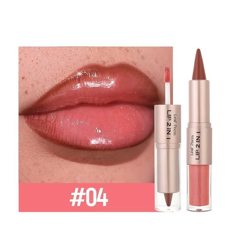 2-in-1 Dual-Ended Lip Gloss & Lipstick - Matte lip liner to outline lips, mirror-like glossy lip gloss, long-lasting color that doesn't smudge on cups, berry tones, anti-slip bullet design, 8 colors available, Cosmetic, Lip Product