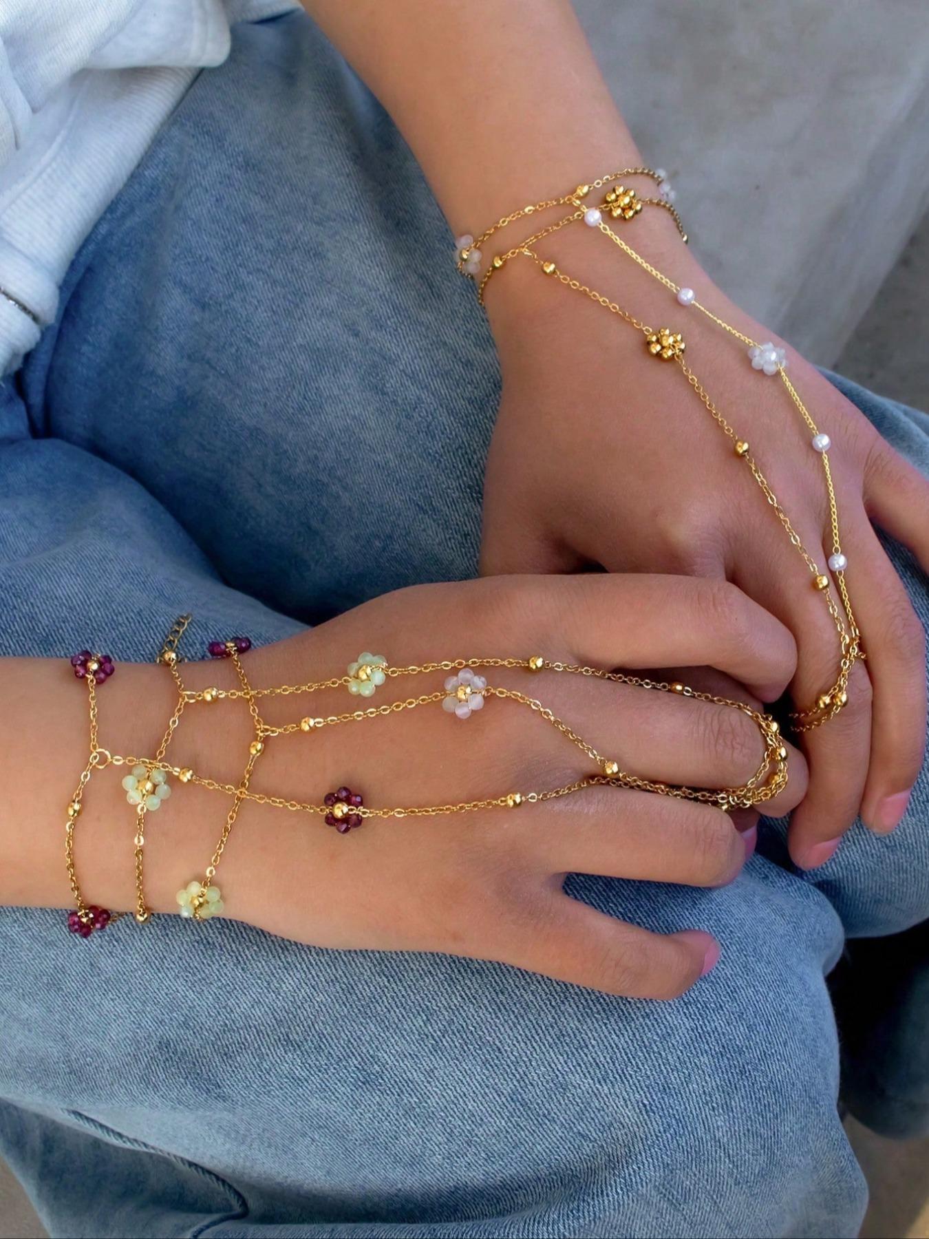 Fashion Colorful Beaded Flower Pearl Ocean Metal Oil Shell Pendant Women's Bracelet, Stylish Jewelry Accessory