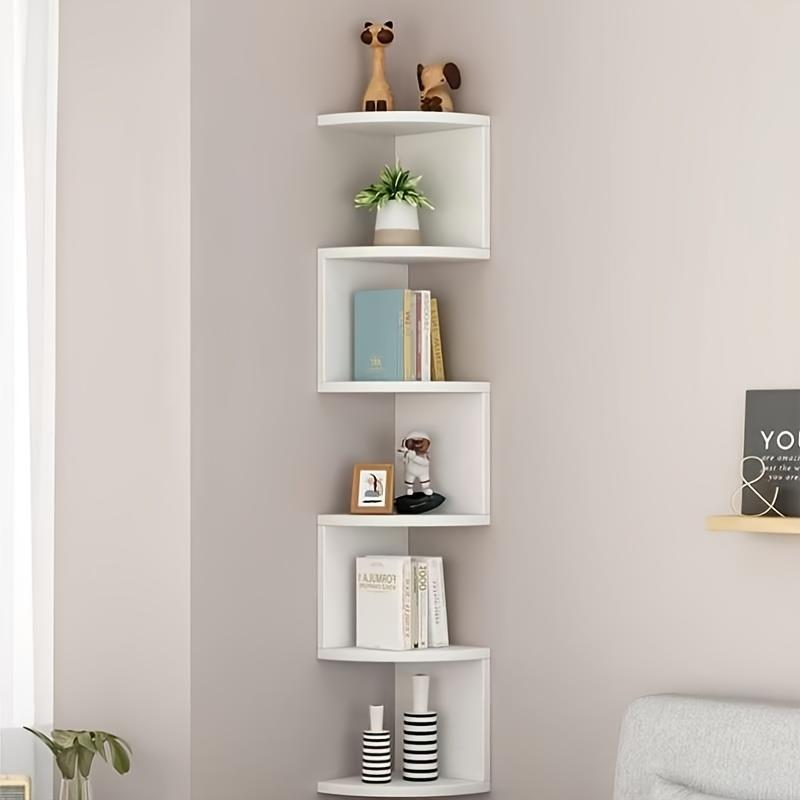 [5-Tier Space-Saving Corner Shelf] Space-Saving 5-Tier Corner Wall Shelf – Modern White PVC Material, Punch-Free Installation, Multi-Tier Display Rack, Ideal for Living Room Decoration, Perfect for Books and Figurines