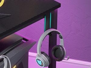 Sikaic 79 Inches Wing Shaped LED Gaming Desk With 2 Fabric Drawers Storage Shelf Stable Tabletop Wood Workstation Monitor Arm Stand Ergonomic Swivel Chair