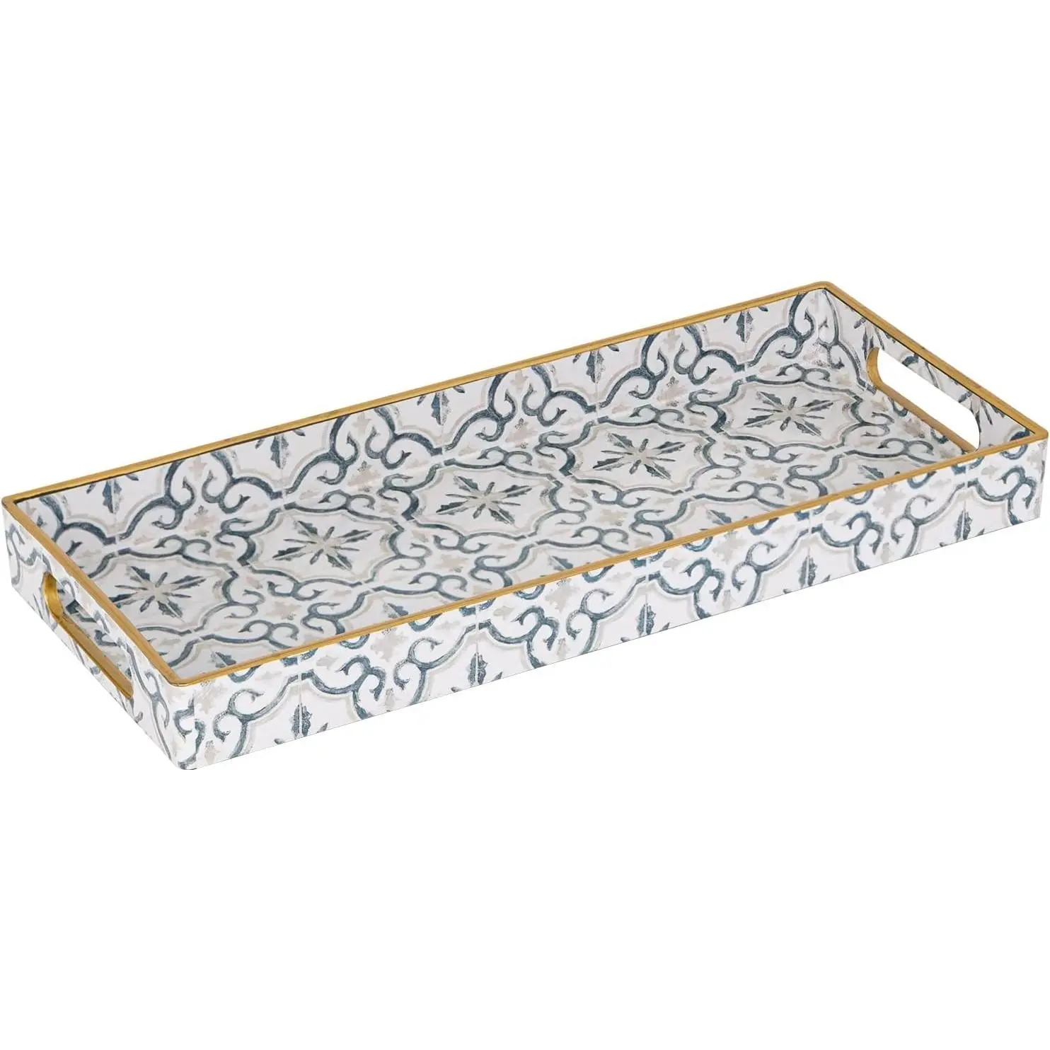 White Decorative Tray with Handles, Plastic Moroccan Tray | Plastic Serving Tray, Bathroom Vanity Tray, Long Toilet Tank Trays, Countertop Organizer Tray for Kitchen, 13.8" X 6" X 1.57"