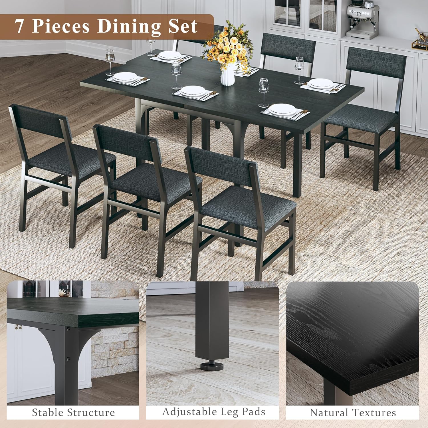 7-Piece Dining Table Set for 4-6, Extendable Kitchen Table Cushion Chairs Set of 6 with 6 Chairs, Rectangle Dining Table with Metal Frame & MDF Board, Folding for Small Apartment Saving Space, Black