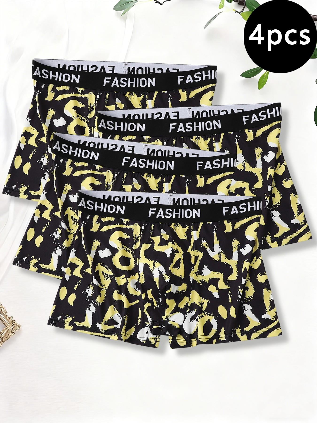 4-piece men's trendy printed boxer briefs, comfortable and breathable, with stylish color-blocked waistband
