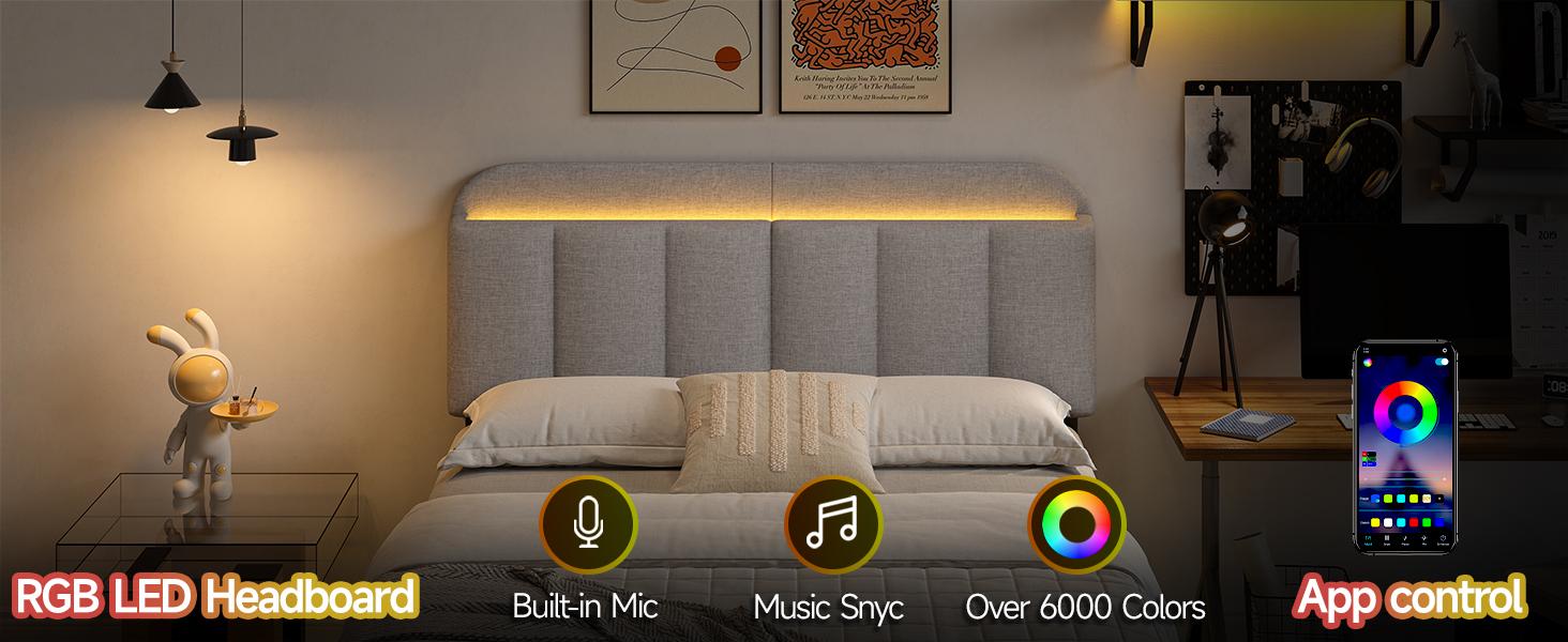 【SPOTLIGHT DAY】ONBRILL Adjustable Headboard for Full/Queen/King Size Bed Frame, Linen Fabric Bed Headboard with Storage & RGB LED Light in Modern Vertical Channel Design